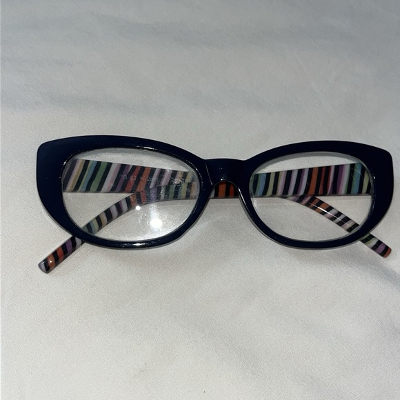 Cat Eye Glasses Navy Blue Frame Multi Color Stripe Arms Eyeglasses - Picture 12 of 16